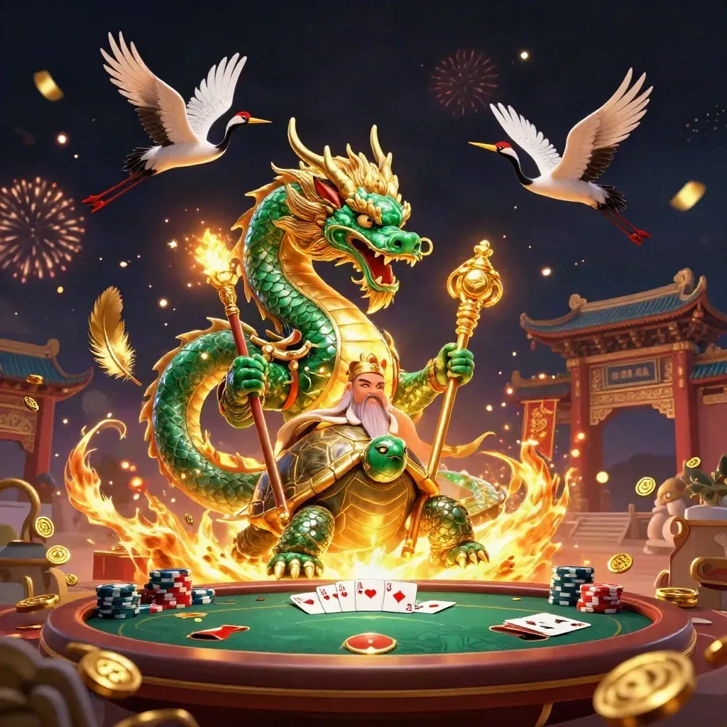 Emerald dragon, turtle sage, and cranes in gold fire amid temple, poker symbols, and neon confetti.