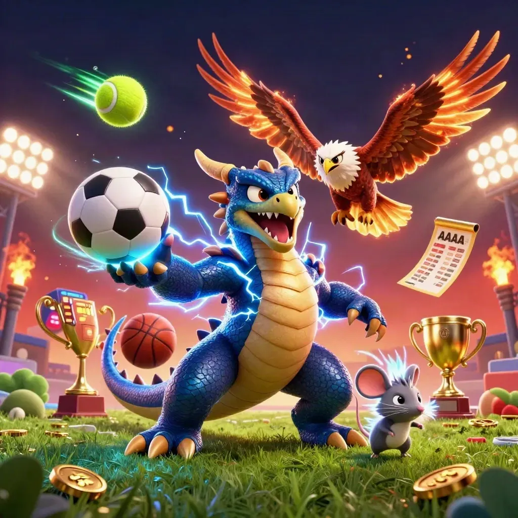 Thunder dragon, wind hawk, and static mouse amid flying sports balls, coins, trophy, and beams.