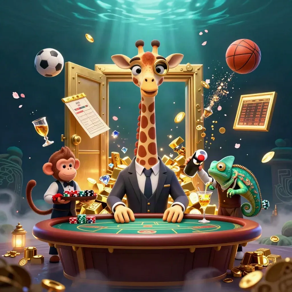 Giraffe, monkey, and chameleon amid a gold vault, balls, chips, and casino glow.