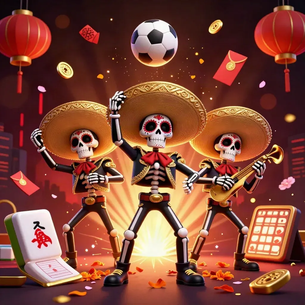 Skeleton mariachi trio amid flying balls, lanterns, coins, and casino lights.
