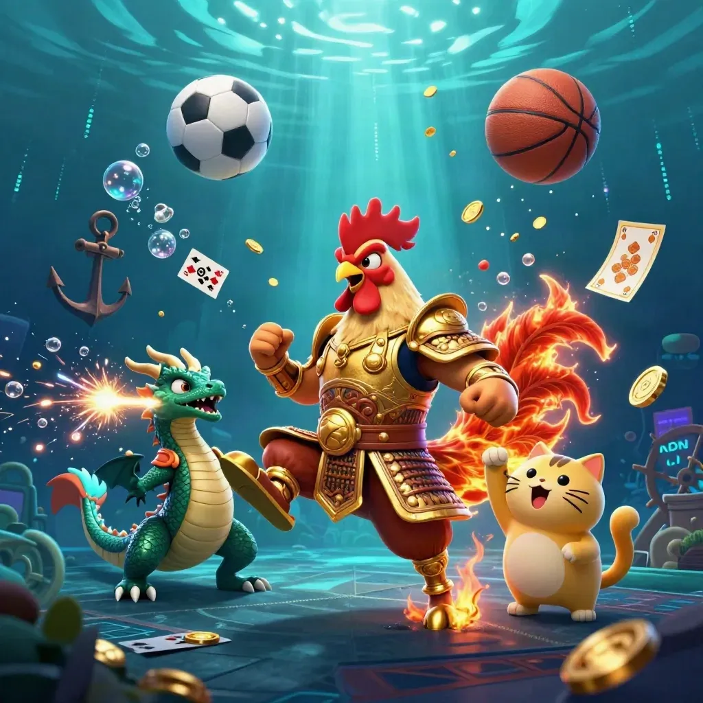 Rooster samurai, dragon hatchling, and fortune-cat amid coins, balls, and neon underwater treasure