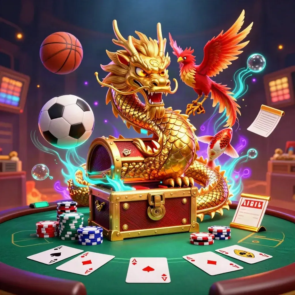 Golden dragon with phoenix, koi, poker chips, cards, and sports balls in a neon casino scene.