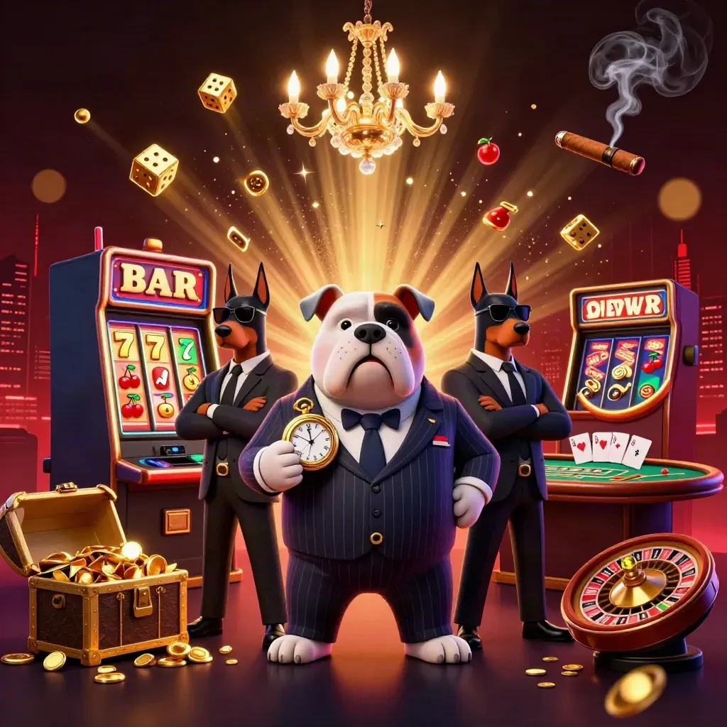 Cartoon bulldog mob boss with two Dobermans amid jackpot symbols and casino luxe glow