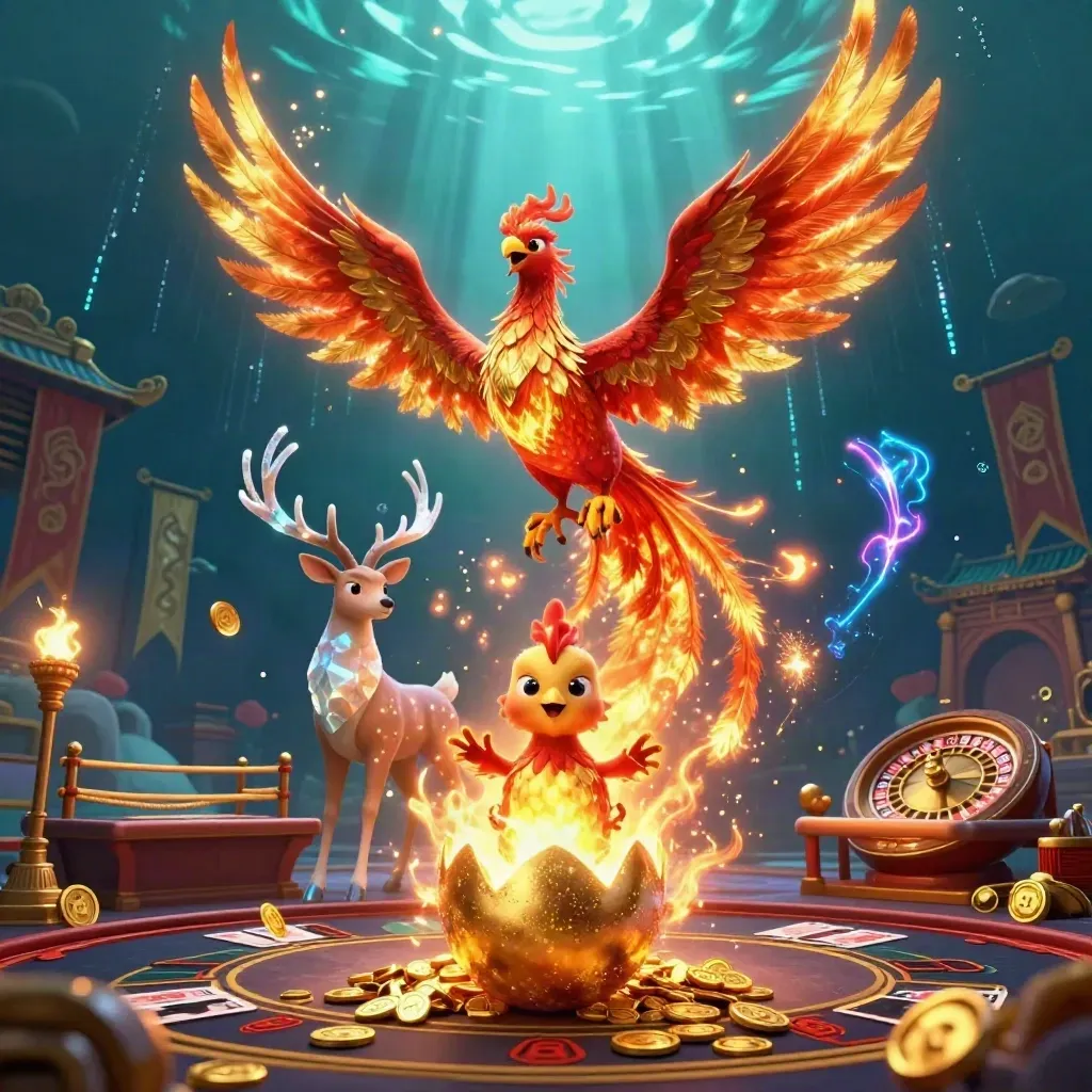 Phoenix, stag and hatchling blaze in a luxe casino scene with gold, neon and underwater light.