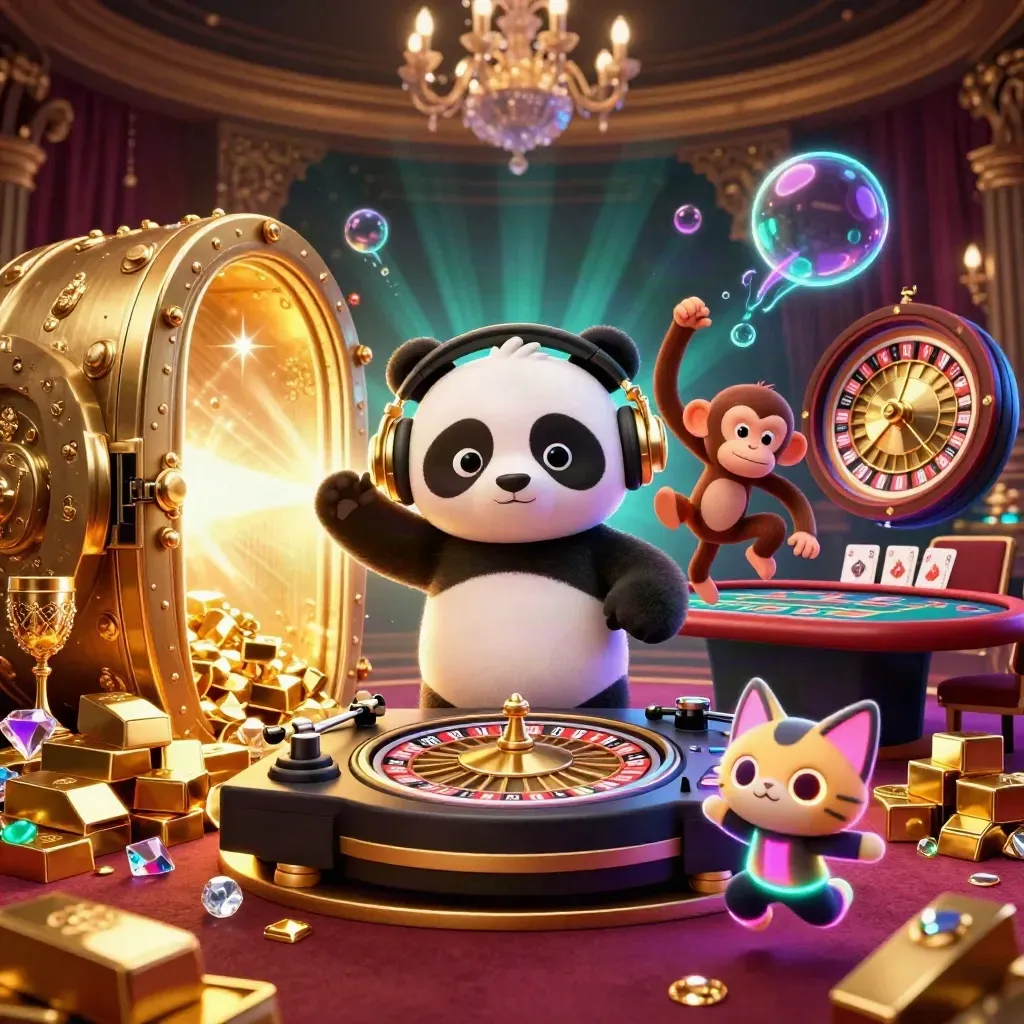 DJ panda, monkey, and glow-kitten in a luxe casino vault scene with gold and neon light.