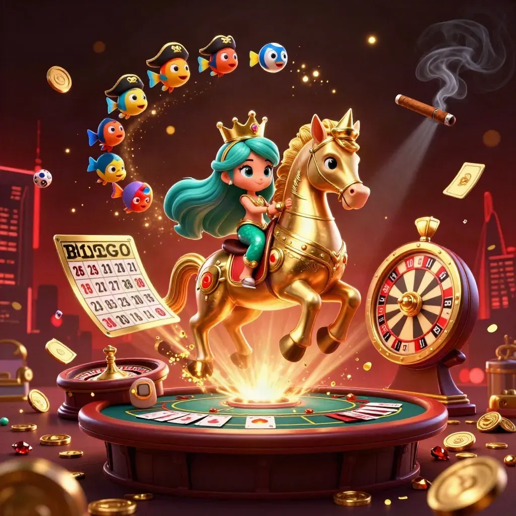 Mermaid princess on a gold seahorse amid casino lights, lottery balls, cards, and spinning prizes.