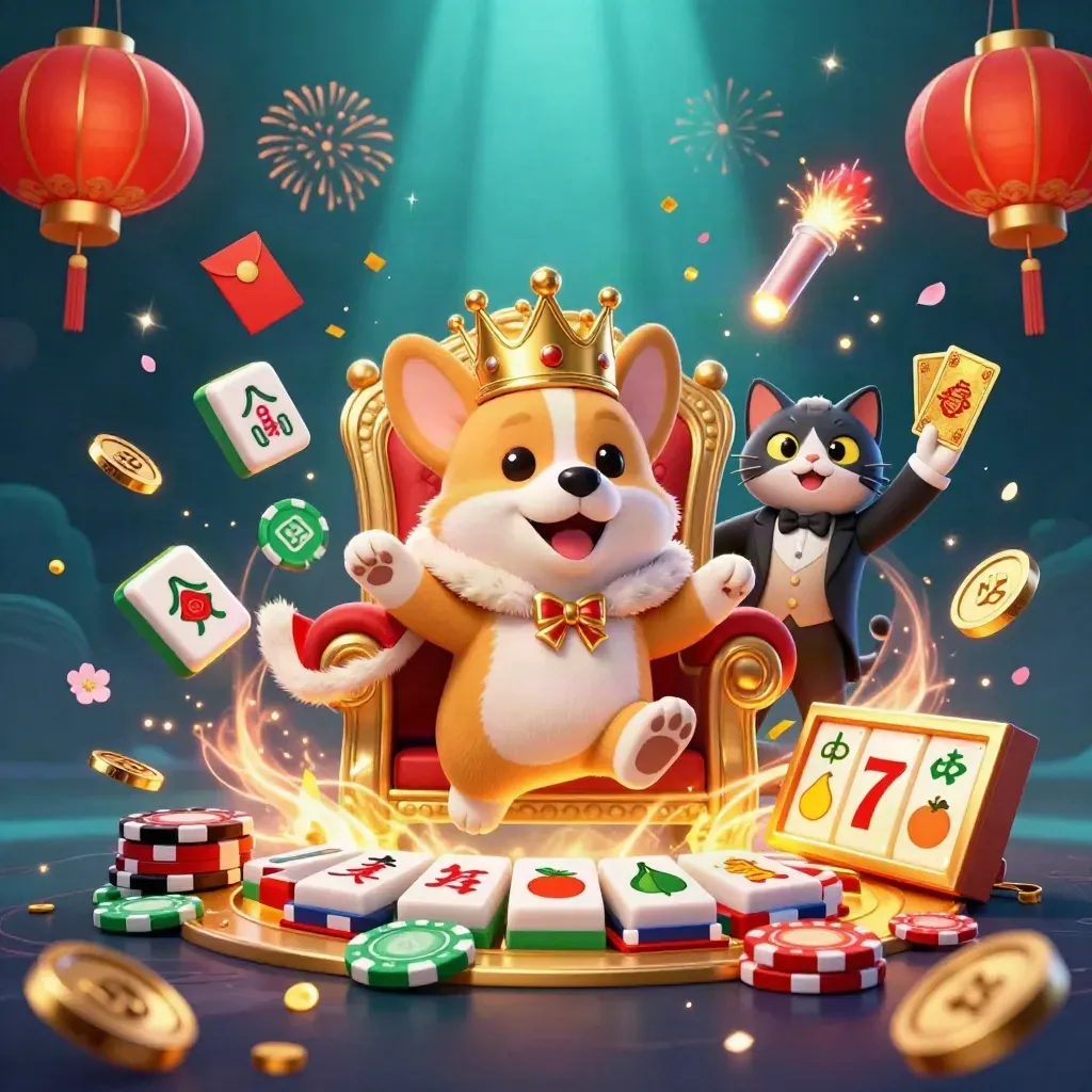 Royal corgi and cat butler amid poker-jackpot magic, chips, gold coins, lanterns, and neon bursts