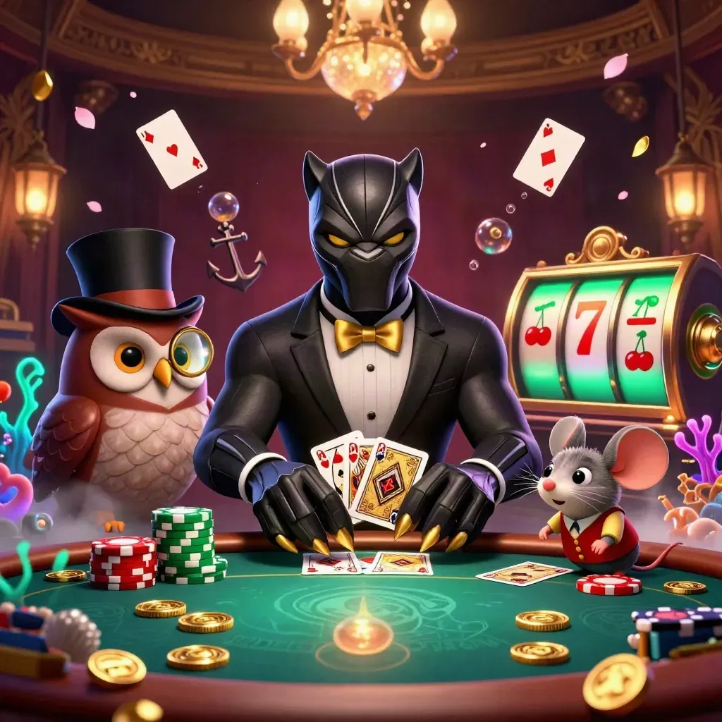 Panther, owl, and mouse in tuxedo amid casino treasure, coins, coral, and glowing poker action