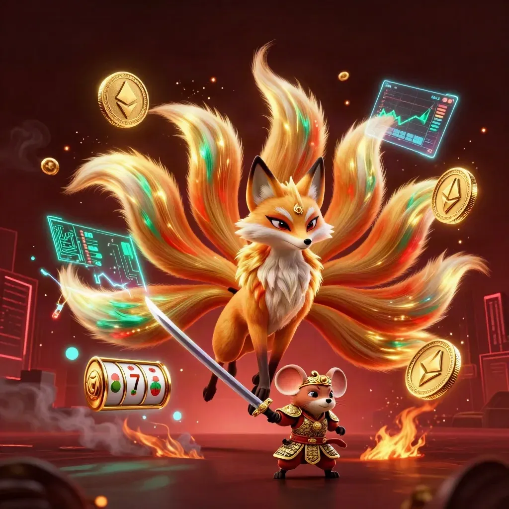 Fox spirit and samurai mouse amid jackpots, coins, reels, and neon casino energy