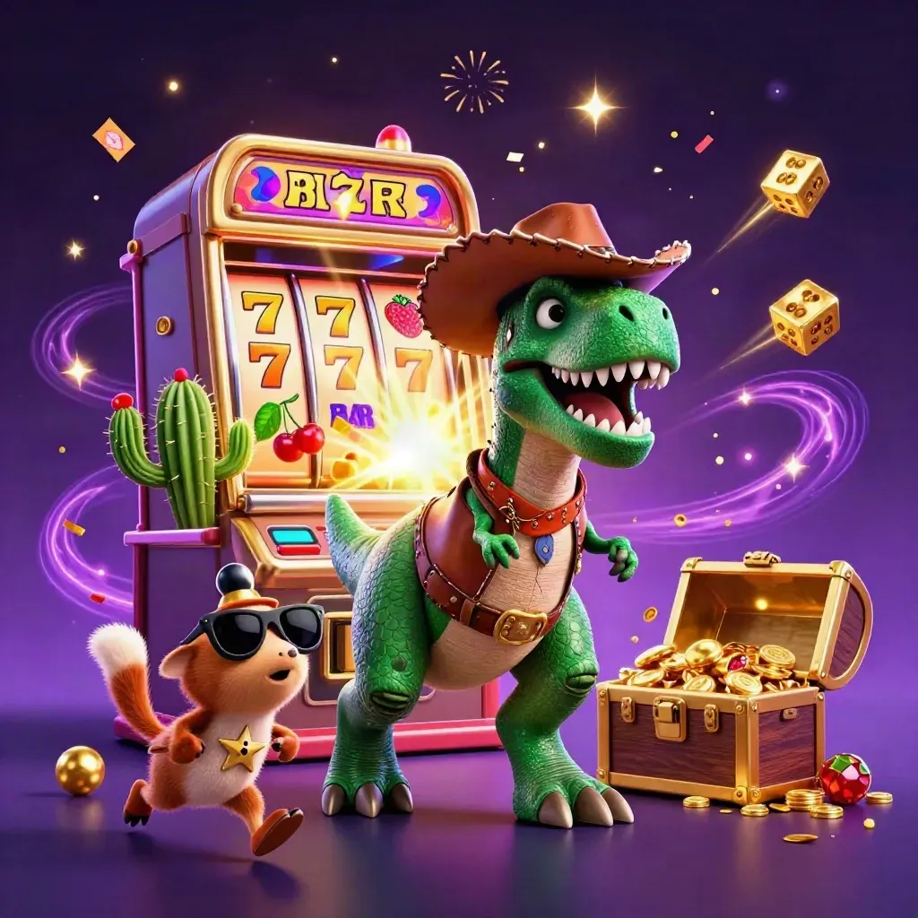 Cartoon cowboy T-Rex, cactus sidekick, and roadrunner amid jackpot bursts and gold