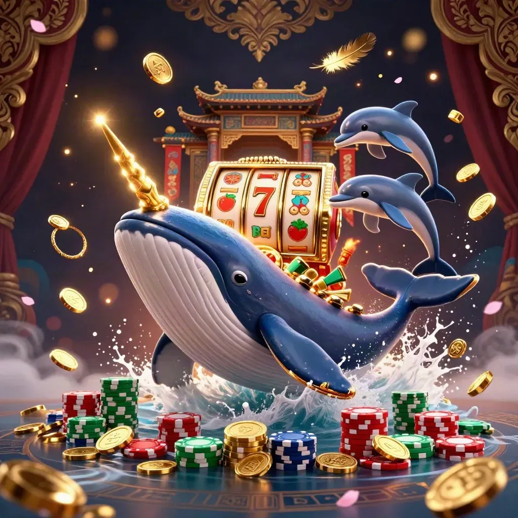 Whale captain, narwhal, and dolphins amid coins, temple gate, reels, and glowing casino effects