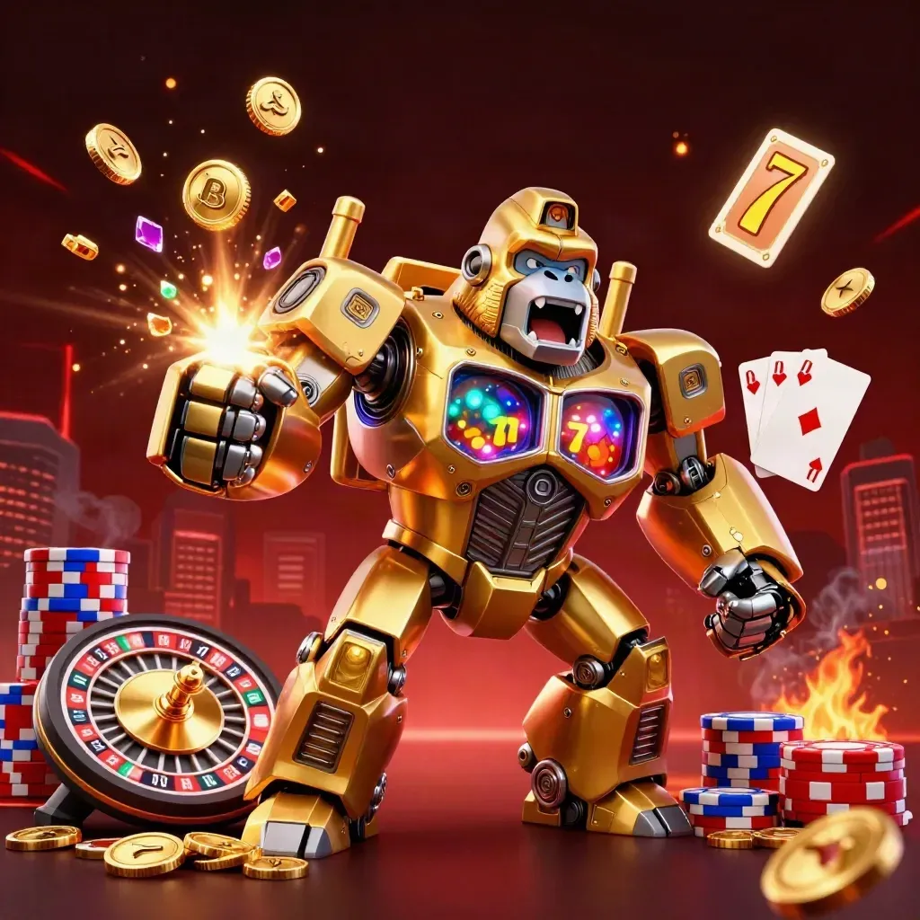 Golden gorilla mech with tiny pilot amid coins, gems, cards and chips in a neon casino storm.