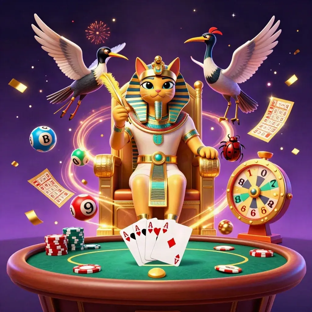 Pharaoh cat, ibis scribe, scarabs, poker chips, gold bursts, fireworks, and casino props