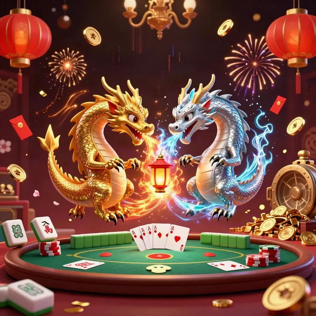 Twin gold and silver dragons spiral amid poker chips, coins, lanterns, fireworks, and treasure