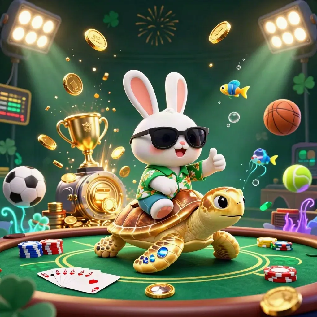 Lucky rabbit rides a golden sea turtle amid poker chips, coins, fireworks, and tropical glow.