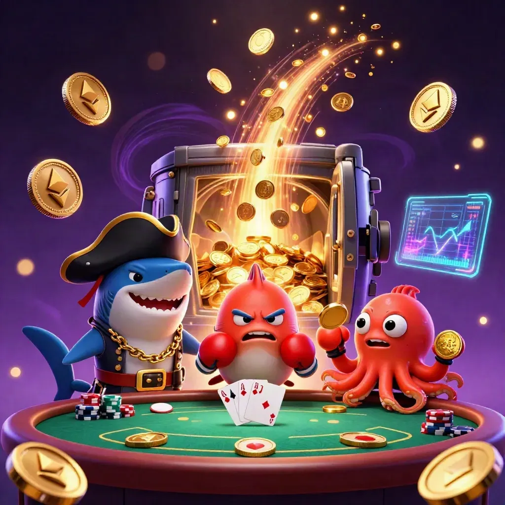 Pirate shark, boxing pufferfish, and octopus amid gold coins, chips, and neon casino effects