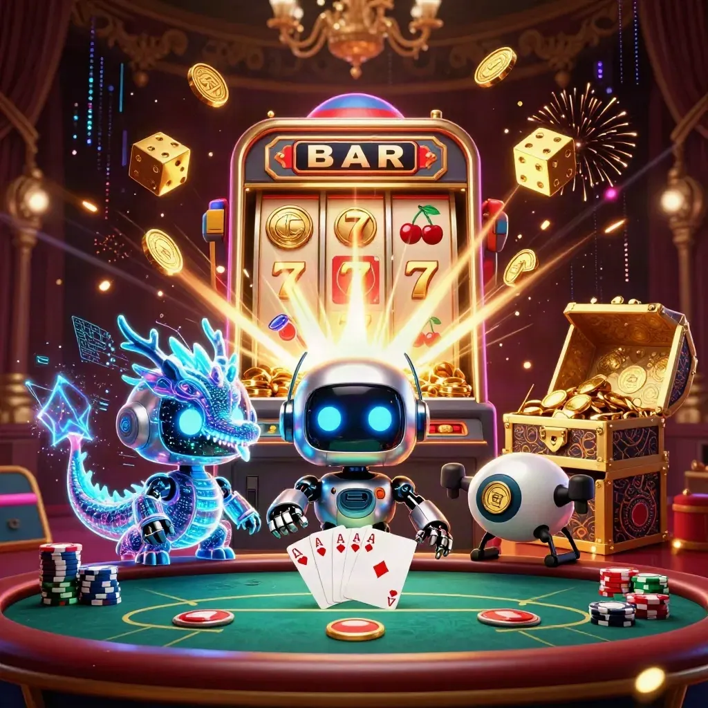 Robot, dragon, and drone amid jackpot coins, poker chips, slot burst, and fireworks.