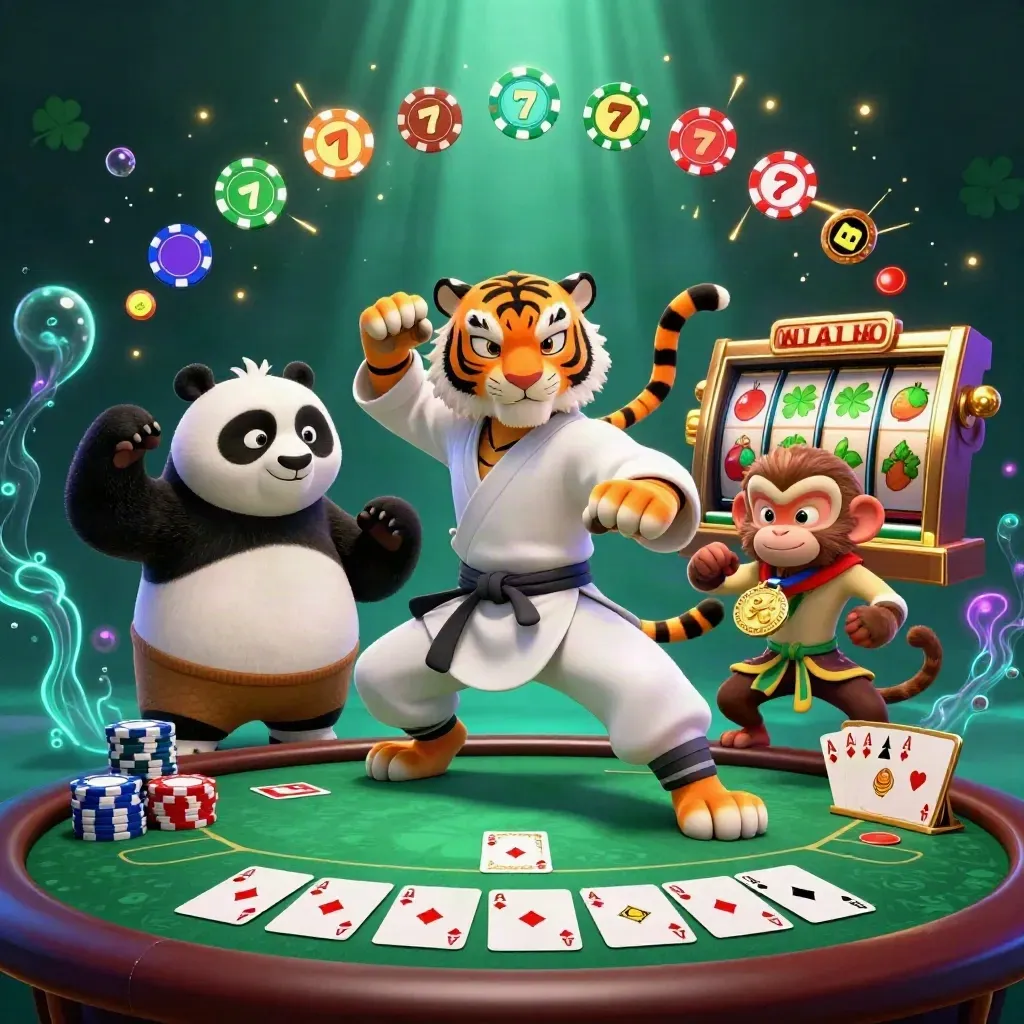 Tiger, panda, and monkey poker heroes amid chips, aces, reels, and glowing jackpot light.