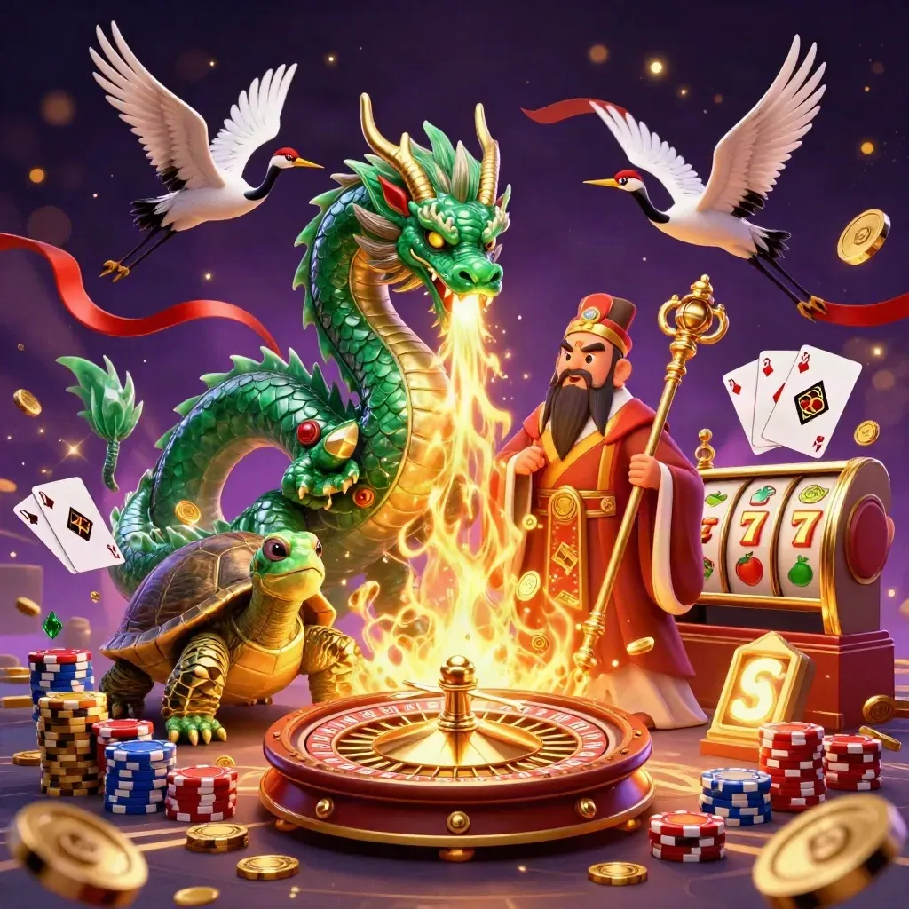 Emerald dragon, turtle sage and cranes amid poker chips, coins, cards, reels and golden fire.
