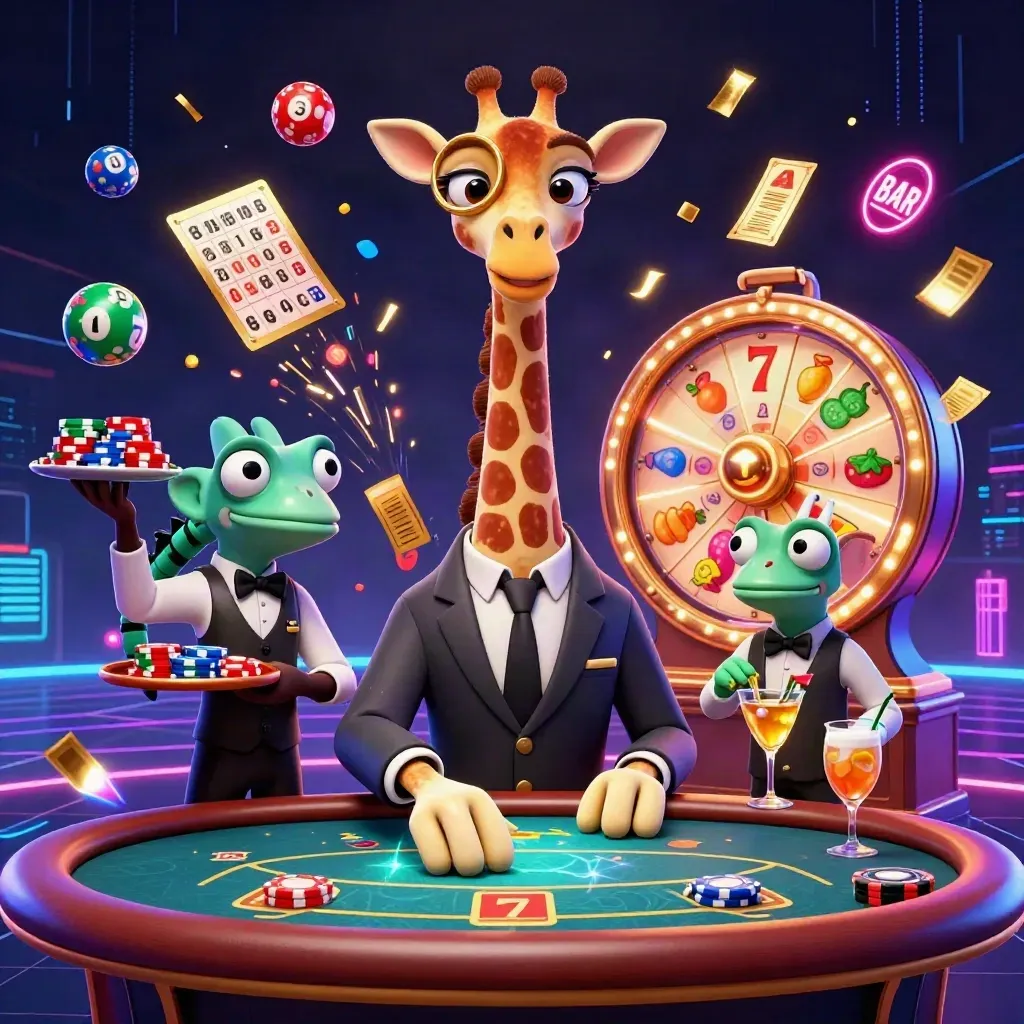 Giraffe, monkey valet, and chameleon bartender in a neon poker jackpot scene with flying chips and gold effects.