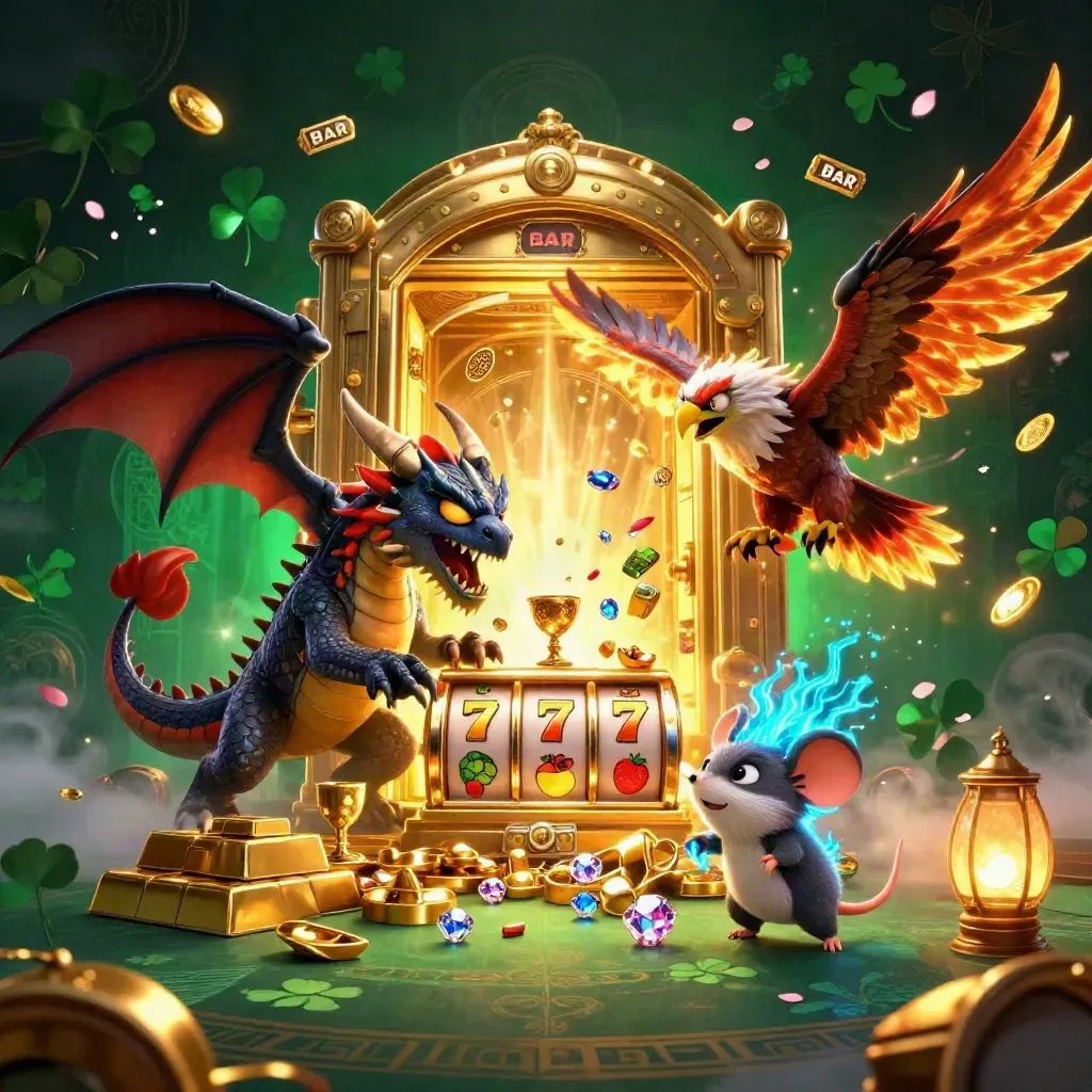Thunder dragon, wind hawk, and static mouse explode from a golden vault in a dark casino scene.