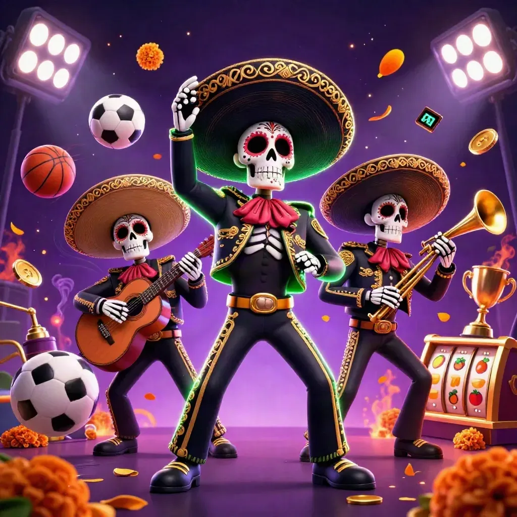 Skeleton mariachi trio amid casino balls, coins, trophy, reels, and neon lights on a dark starry background.