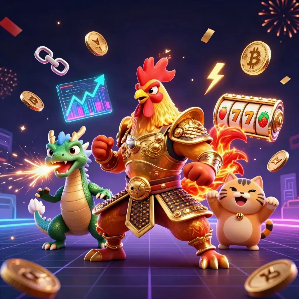 Rooster warrior, spark-breathing dragon hatchling, and lucky cat amid casino coins and neon effects