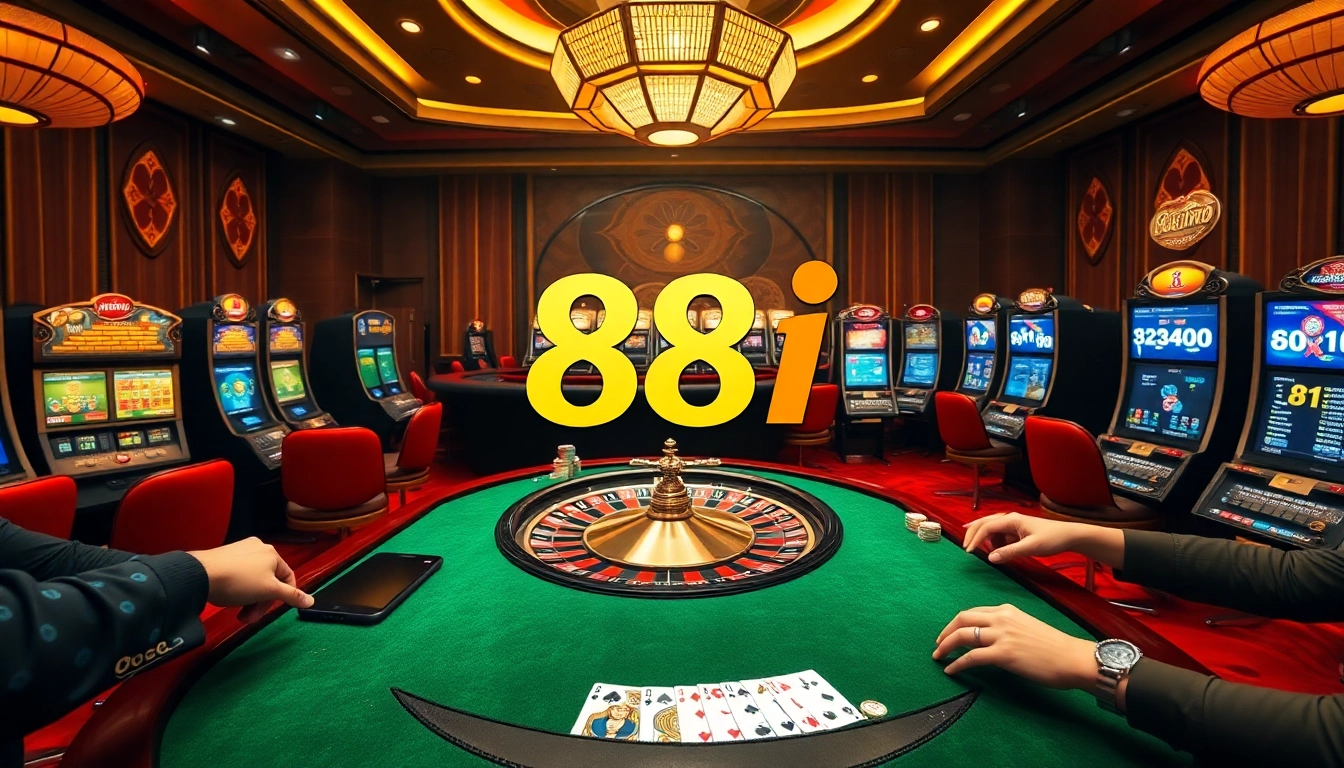 Players engaging in thrilling roulette and card games at the luxurious 88i casino.