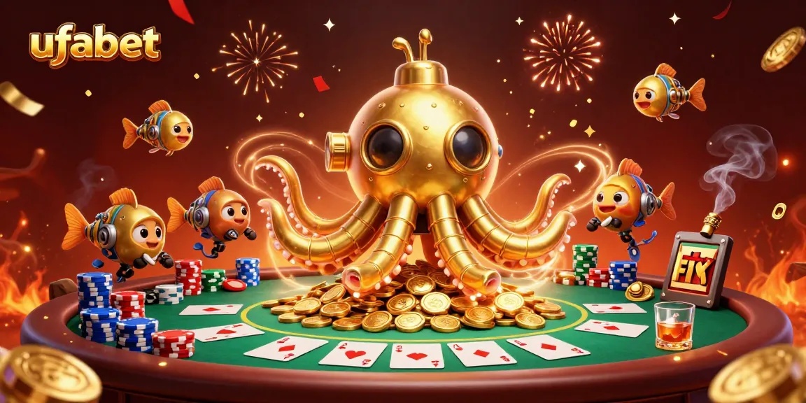 Engage with ufabet's thrilling poker scene featuring a golden kraken submarine and dynamic gameplay elements.