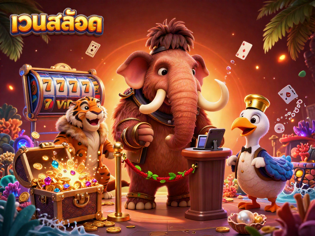 Win big with เว็บสล็อต as the woolly mammoth bouncer checks IDs at an exciting casino entrance.