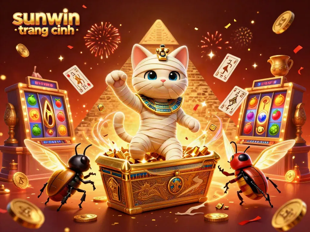 Experience the thrill of sunwin trang chính with a 3D cartoon Egyptian mummy cat and exciting slot elements.