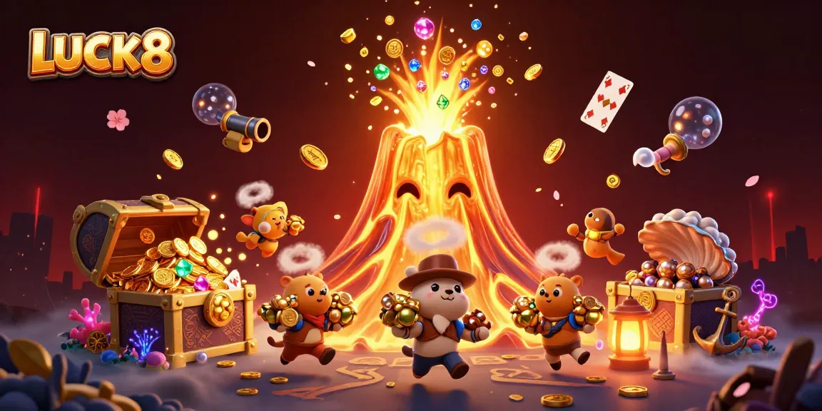 Experience LUCK8's vibrant casino adventure with cartoon characters, treasure, and gaming elements.