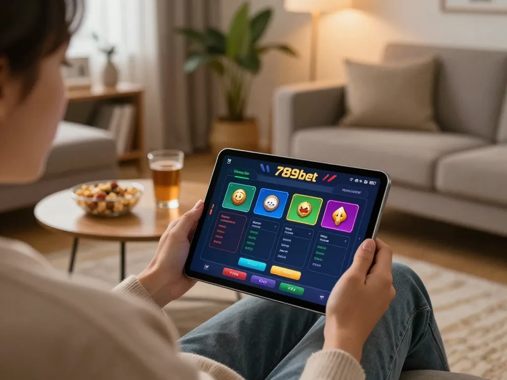 Engaged user participating in online betting on 789bet using a tablet in a cozy home environment.