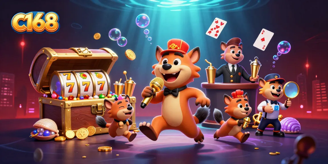 C168 casino experience with hyenas in a lively comedy club setting, featuring gold coins and slot gameplay elements.