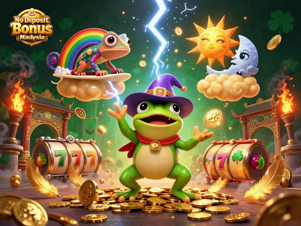 Win big with No Deposit Bonus Casino Malaysia: a vibrant scene of a wizard frog and chameleon surrounded by coins and slots.
