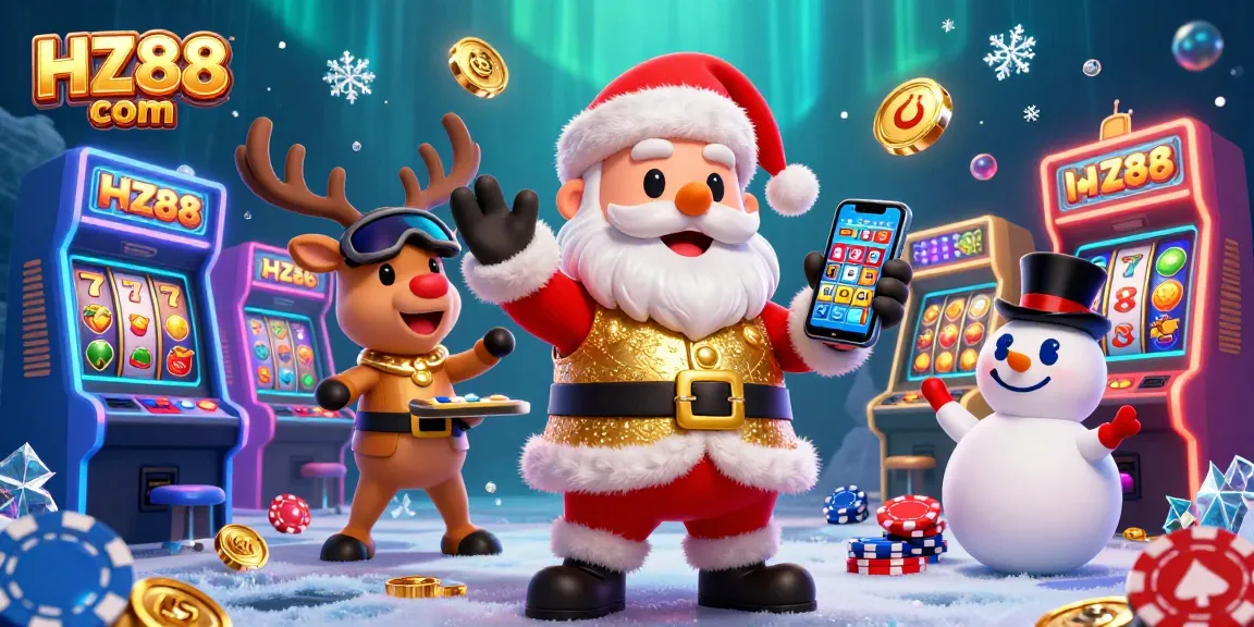 Experience exciting slots with HZ88 com in this vibrant 3D casino scene featuring festive characters and game elements.