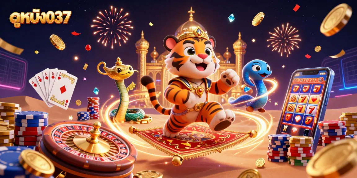 Engaging 'ดูหนัง037' scene featuring a sultan tiger, magic genie snake, and rich gambling elements.