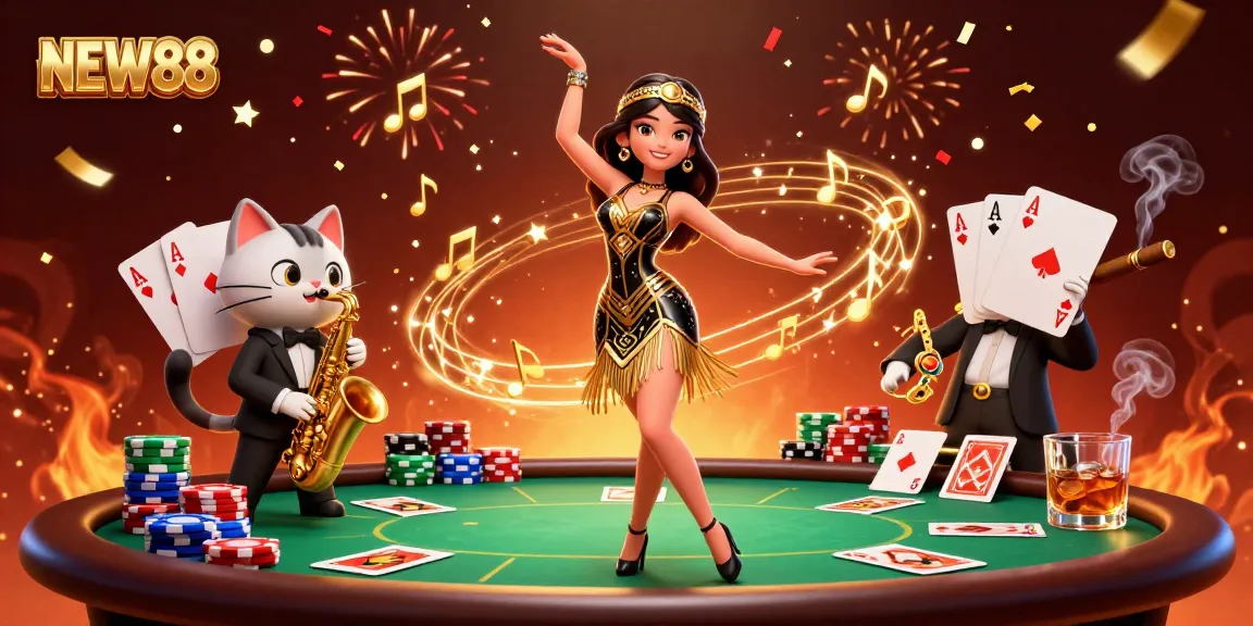 Experience the excitement of NEW88 with detailed 3D casino characters amidst lively poker action.