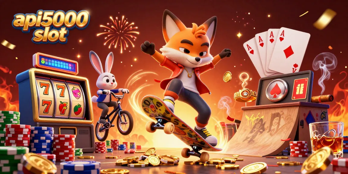 Gambarlah gameplay api5000 slot yang menampilkan karakter truk skateboard fox dan kelinci di ruang kasino yang penuh warna.