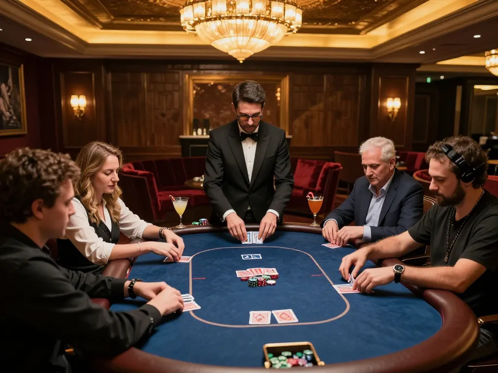 Players strategizing at a poker table in a luxurious VIP area, engaging with cm8888 stakes