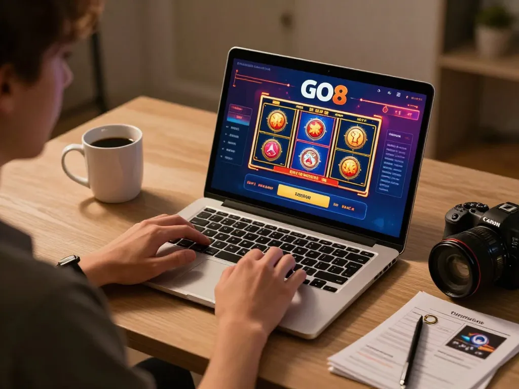Accessing GO8 đăng nhập on a laptop, showcasing vibrant online gaming session.