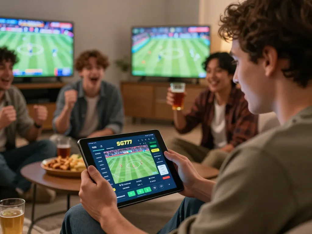 Engaging sports betting scene with SG777 mobile app interface and friends cheering