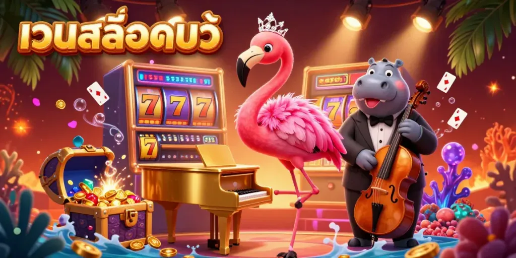 Experience the vibrant world of เว็บสล็อตแท้ with a lively casino scene featuring a flamingo singer and hippo bassist.