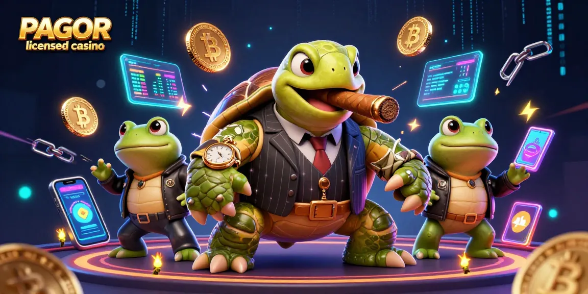 PAGCOR licensed casino scene featuring a turtle mobster and bullfrog enforcers amidst neon crypto elements.