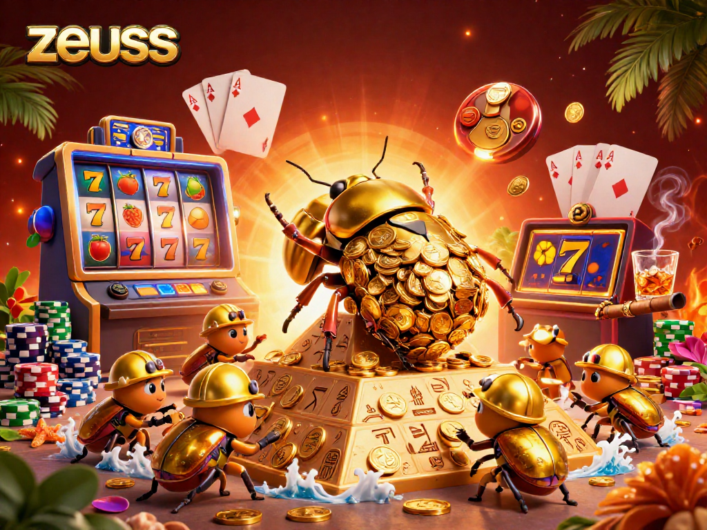 Play zeus slots with colorful symbols and golden coins in an epic casino environment.