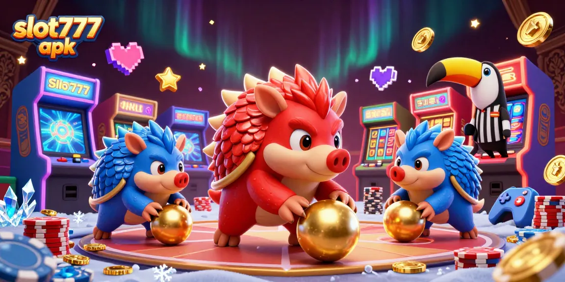 Engage with slot777 apk in an exciting casino scene filled with colorful gaming elements and rival characters.