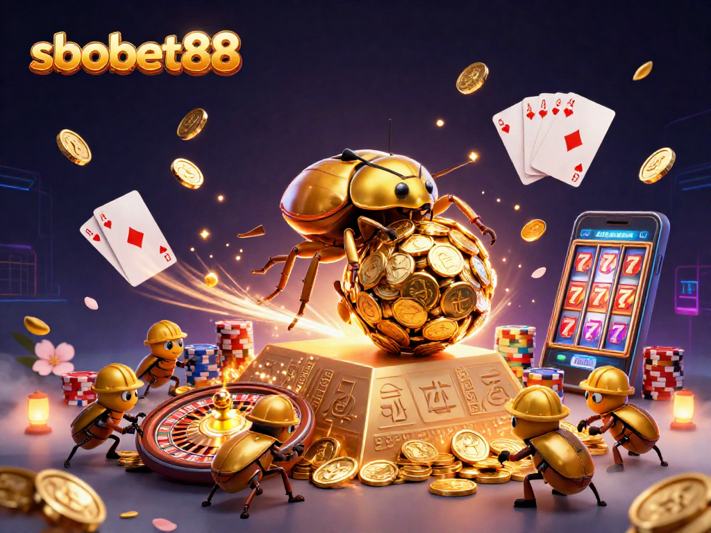 Experience sbobet88's vibrant casino world with a golden beetle rolling coins, capturing the thrill of winning.