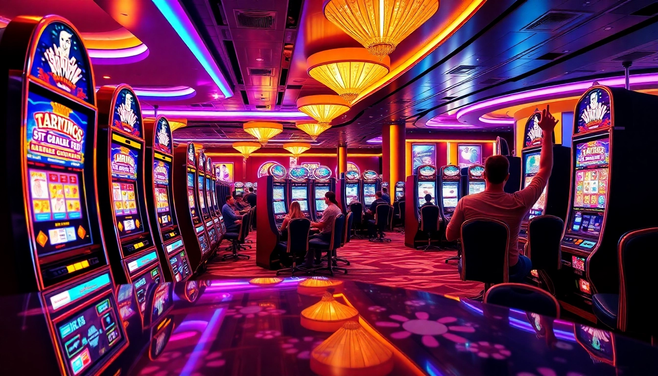 Exciting gaming action at Bro138, featuring vibrant slot machines and happy winners.