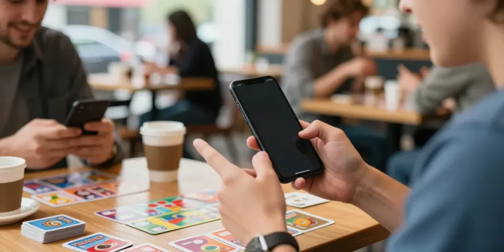 Person enjoying Rumble Rummy on a smartphone in a vibrant café setting.