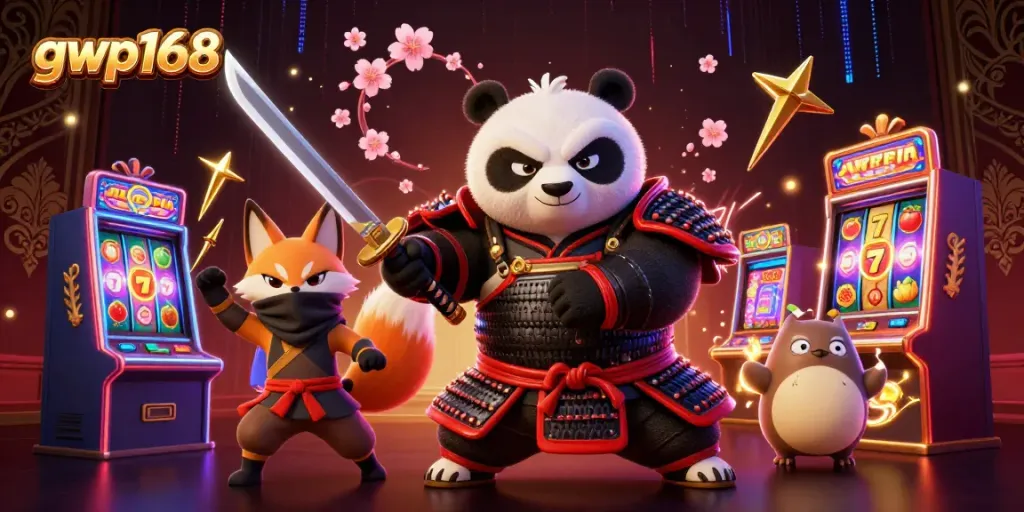 Permainan slot gacor di gwp168 dengan panda samurai, rubah ninja, dan tanuki surreal.
